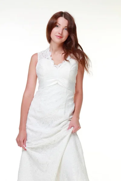 Šťastná Krásná Nevěsta Brunetka Dívka Bílých Svatebních Šatech Účesem Stock Obrázky