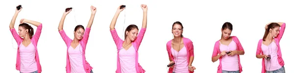 Очаровательная Молодая Женщина Слушает Музыку Через Наушники Мобильном Телефоне Танцует — стоковое фото