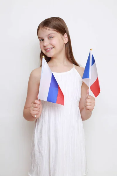 Little Girl Holding Flags Russian Federation France — Stock Photo, Image