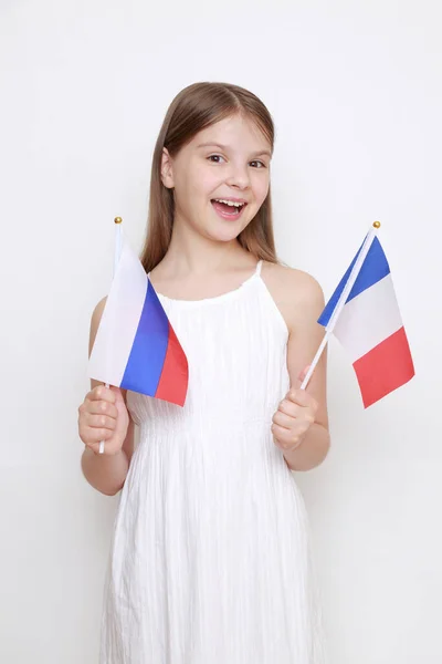 Little Girl Holding Flags Russian Federation France — Stock Photo, Image