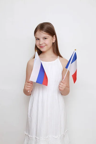 Little Girl Holding Flags Russian Federation France — Stock Photo, Image