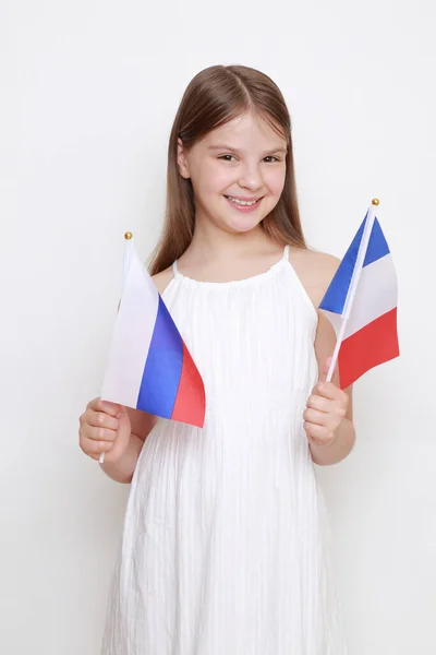 Little Girl Holding Flags Russian Federation France — Stock Photo, Image