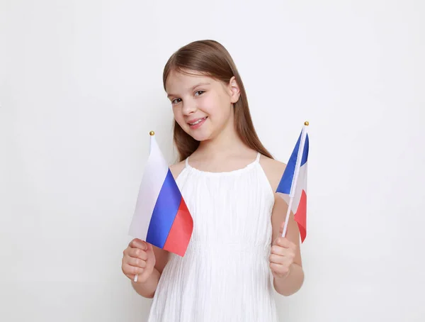 Little Girl Holding Flags Russian Federation France — Stock Photo, Image