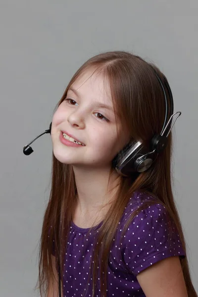 Adorable Caucasian Little Girl Headphone Microphone — Stock Photo, Image