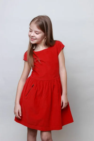 Emotional Kid Posing Dancing Camera Little Girl Red Dress — Stock Photo, Image