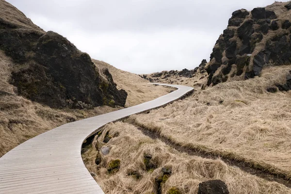 Ein Förmiger Hölzerner Wanderweg Felsigen Hügeln Mit Langem Gelbem Gras — Stockfoto