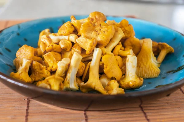 Taze yıkanmış ve Cantharellus cibarius mavi kase closeup temizledim