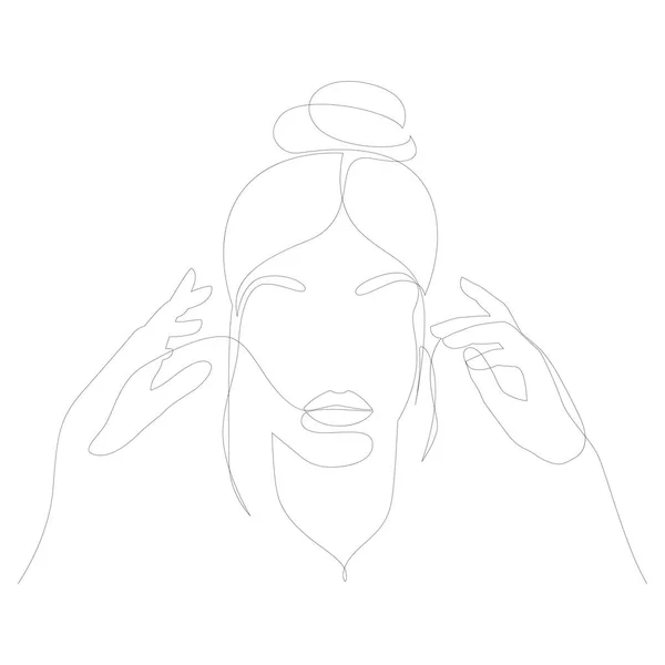 Abstact line art vector face. Line drawing woman with hands. People clip art. Cosmetics salon logo line drawing female — Stock Vector