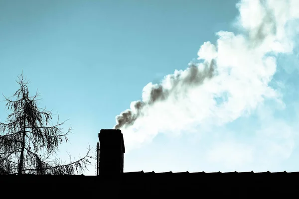 Smog / air pollution concept. Smoke coming out of a house chimney in winter.