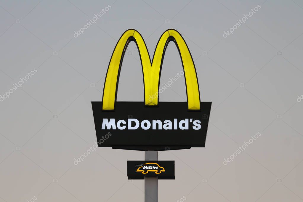 LESZNO, POLAND - FEBRUARY 16, 2019. The logo of McDonald's - McDrive restaurants