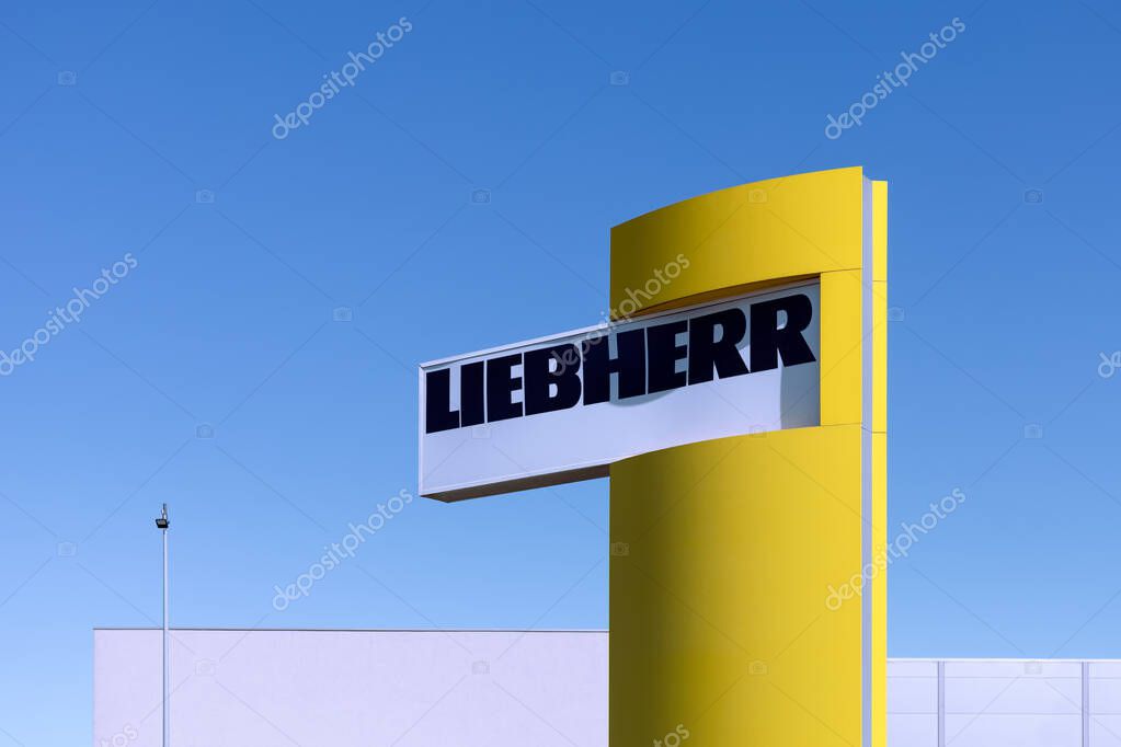 Poznan, Poland - September 24, 2025. Liebherr logo on a pylon - Liebherr is a German-Swiss manufacturer of cranes, heavy construction and agriculture machinery, aircraft equipment and refrigerators.
