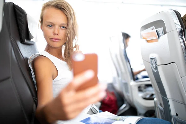 Young Happy Woman Making Selfie Photo Passport Document Sitting Aircraft — Stock Photo, Image