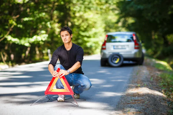 Handsome Young Man His Car Broken Roadside Setting Safety Triangle — Stock Photo, Image