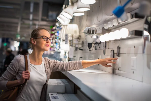 Pretty Young Woman Choosing Right Light Her Appartment Modern Home — Stock Photo, Image