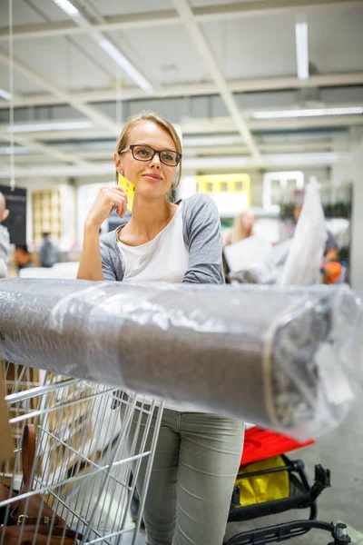 Pretty Young Woman Choosing Right Furniture Her Apartment Modern Home — Stock Photo, Image