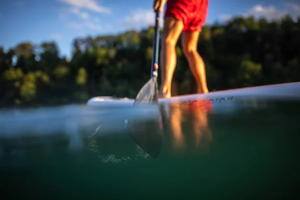 在桨板上的年轻人 在温暖的黄昏阳光下 在一条可爱的河流上做一个很好的运动 划桨式水下图像 — 图库照片