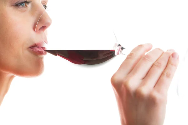 Elegant Young Woman Red Dress Having Glass Red Wine — Stock Photo, Image