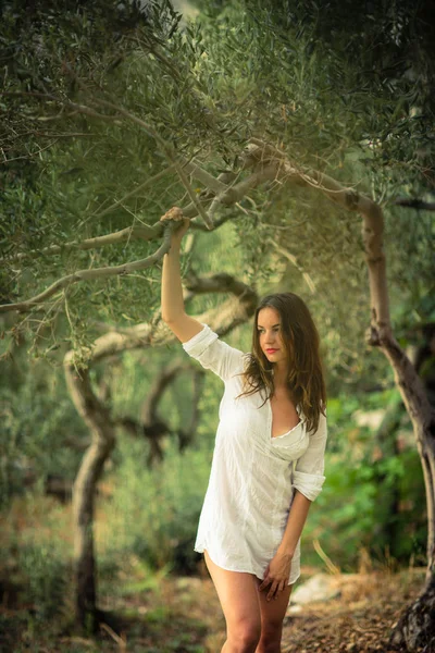 Attractive Young Brunette Beach Olive Trees Looking Both Sensual Natural — Stock Photo, Image