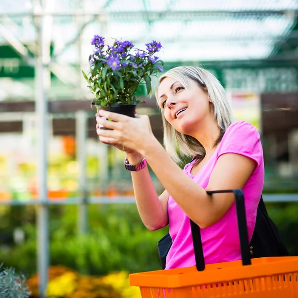 Ung Kvinna Köpa Blommor Handelsträdgård — Stockfoto