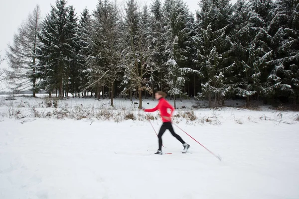 Kayaklı Koşu Genç Kadın Kayaklı Koşu Bir Kış Gününde Hareket — Stok fotoğraf