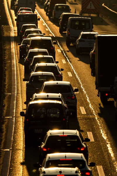 Concepto Tráfico Pesado Ciudad Mañana Congestión Coches Que Van Muy — Foto de Stock