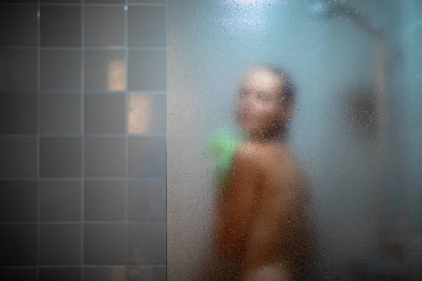 Woman Taking Long Hot Shower Washing Her Hair Modern Design — Stock Photo, Image