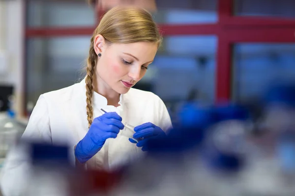 Portrait Female Researcher Carrying Out Research Chemistry Lab Color Toned — Stock Photo, Image