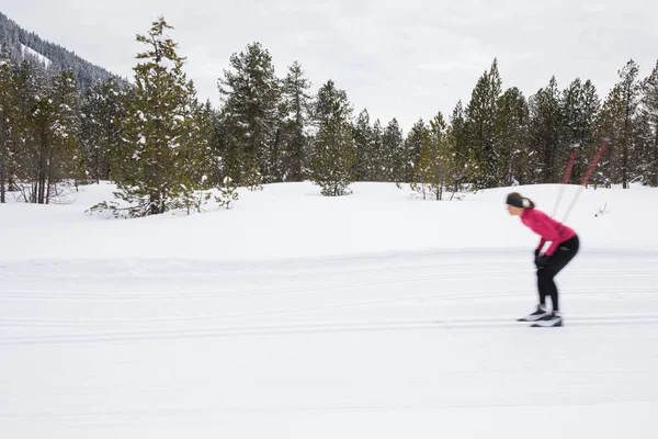 Skilanglauf Junge Skilangläuferin Einem Wintertag Bewegtbild — Stockfoto