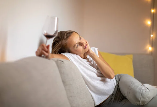 Pretty Young Woman Drinking Some Nice Red Wine Home Evening — Stock Photo, Image