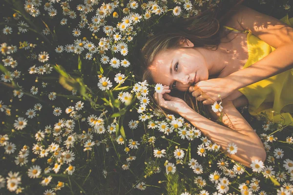 Portrait Young Woman Radiant Clean Skin Lying Flowers Lovely Meadow — Stock Photo, Image