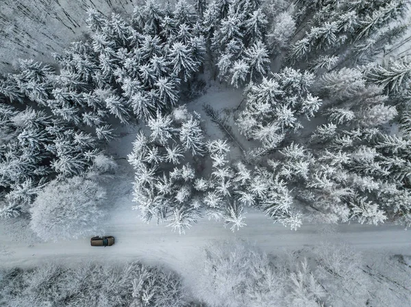 Αεροφωτογραφία Του Αυτοκινήτου Στο Δρόμο Χειμώνα Στο Δάσος Χειμερινό Τοπίο — Φωτογραφία Αρχείου