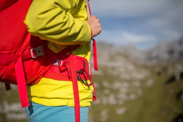 Jolie, jeune randonneuse marchant en haute montagne — Photo