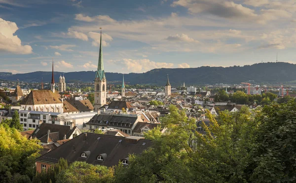 Aerial view of Zurich city center with famous St. Peter Church — Stock Photo, Image