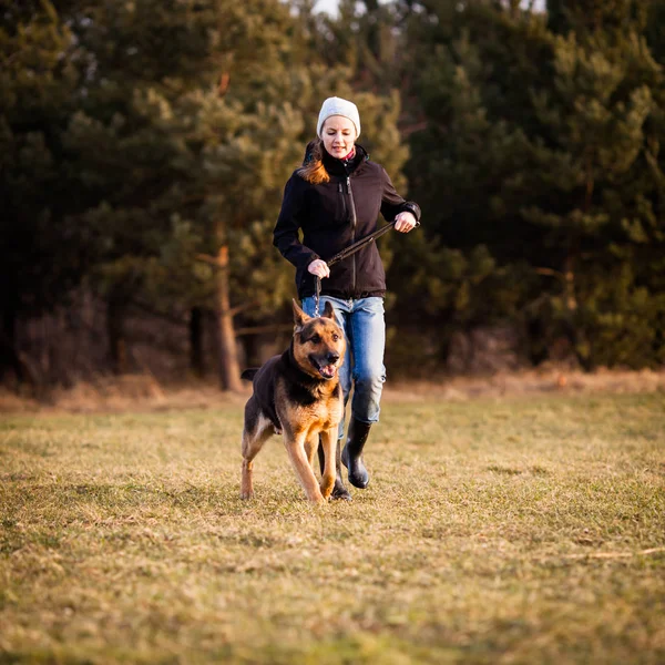 Maître et son chien obéissant (berger allemand) — Photo