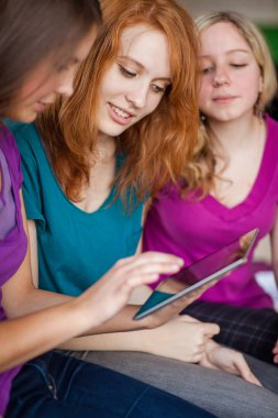 Ev ödevleri üzerinde çalışan/sohbet etmek için çalışan kız üniversite öğrencileri 