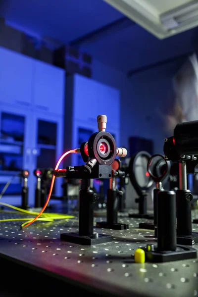 Quantum optics lab installations with laser, irises, appertures — Stock Photo, Image