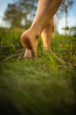 Barefoot young woman in green meadow; clipart