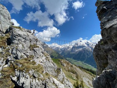 Pretty female climber on a steep Via Ferrata in the Swiss Alps - fearlessly climbing higher on this extreme alpine trail clipart