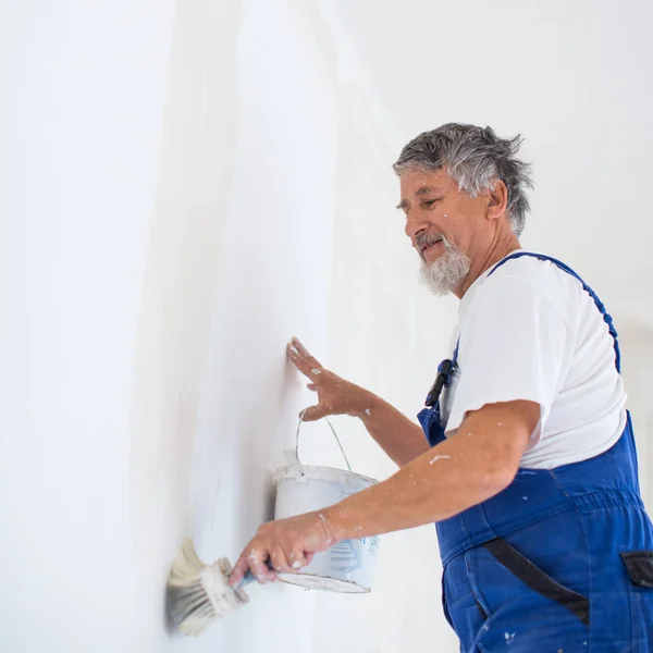 Hombre Mayor Pintando Una Habitación Apartamento Alquiler Con Cubo Pintura — Foto de Stock