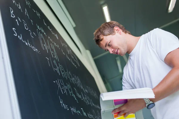 Handsome College Student Solving Math Problem Math Class Front Blackboard — Stock Photo, Image