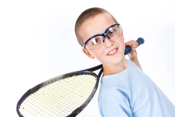 Jovem Jogador Squash Com Óculos Proteção Raquete Squash — Fotografia de Stock