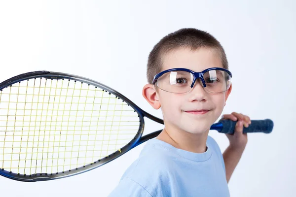 Jovem Jogador Squash Com Óculos Proteção Raquete Squash — Fotografia de Stock