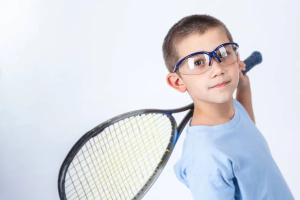 Jonge Squash Speler Met Beschermende Bril Squash Racket — Stockfoto