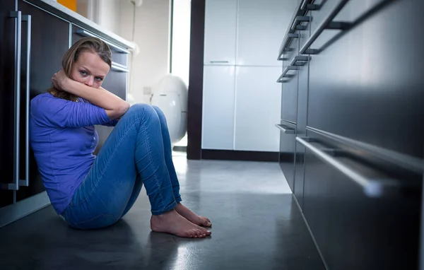 Depressed Young Woman Sitting Kitchen Floor Feeling — Stock Photo, Image