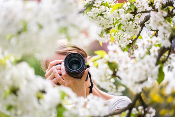 Krásná Fotografka Venku Krásného Jarního Dne Fotí Rozkvetlý Strom — Stock fotografie