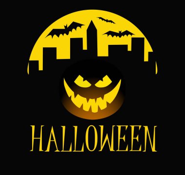 Cadılar Bayramı Balkabağı ile kasaba koyu zemin üzerine gülen surat. Vektör karikatür çizimi.