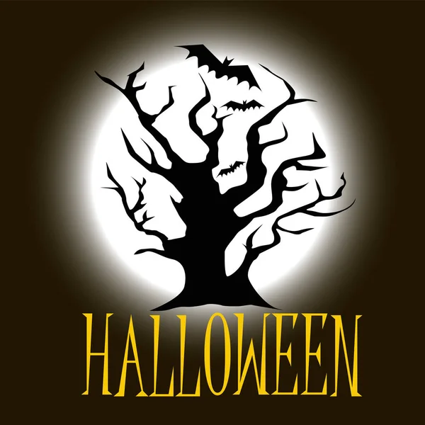 Arbre d'Halloween sur fond sombre avec chauves-souris et lune — Image vectorielle