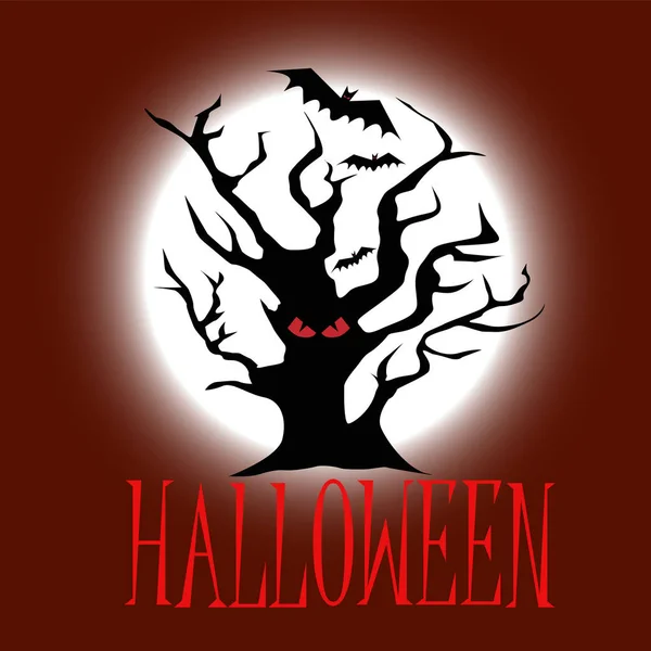 Arbre d'Halloween avec des yeux rouges sur le fond rouge foncé avec des chauves-souris — Image vectorielle