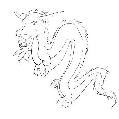 Dragon siluet siyah beyaz stilize görüntüsü. Satırı vektör çizim şablonu için baskı, dövme, maskot, amblem, simge, boyama kitabı.