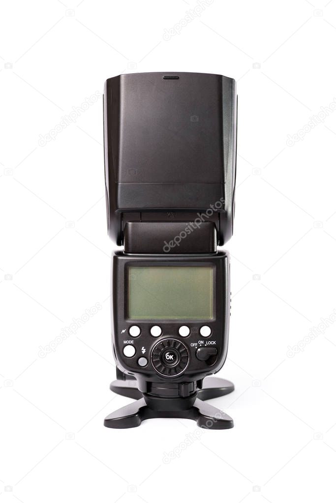 Modern digital camera flash isolated on a white background